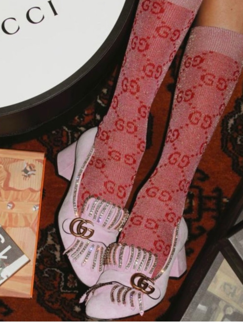 Double G Designer Pink Sparkle Shiny Glitter Logo Fashion Knee Socks